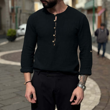 Maglia camicia nera serafino con bottoni in legno - FLAG STORE